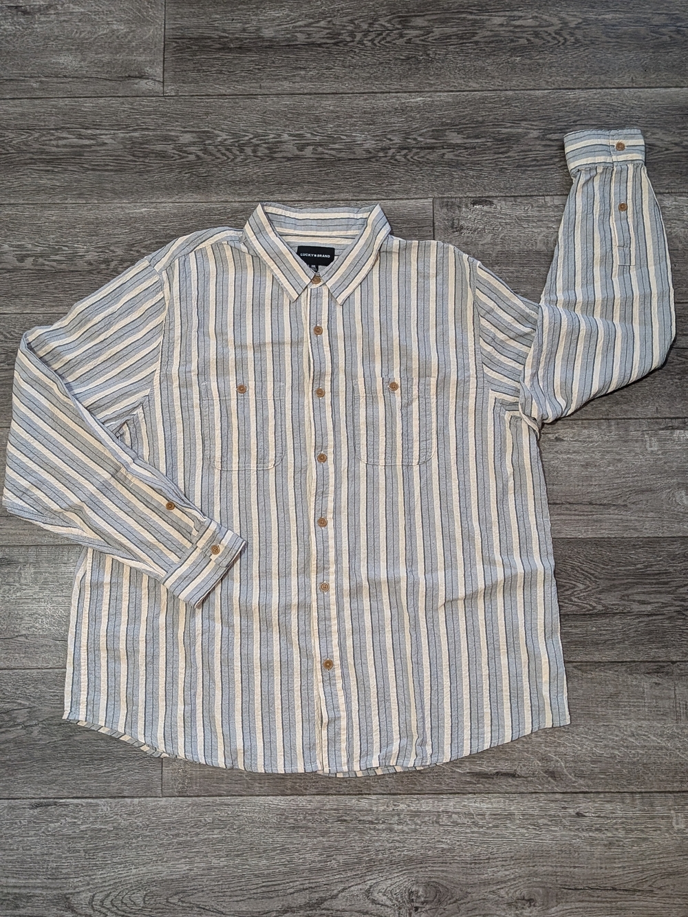 Lucky Brand Mens XXL Shirt Blue Cream Striped Long Sleeve Button Down Cotton Str